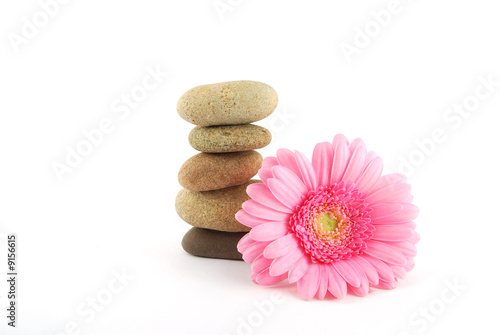 Heap of spa stone and pink flower on the white background