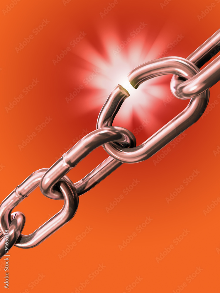 Fototapeta premium Breaking link in a metal chain. Digital illustration.