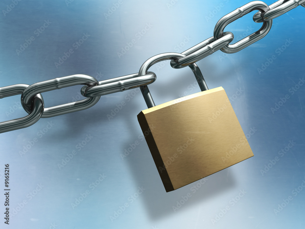 Metal lock closing a chain. Digital illustration