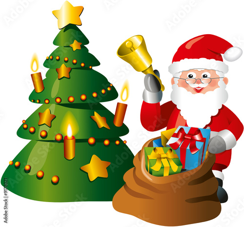 Weihnachtsmann mit Weihnachtsbaum und Sack voller Geschenke