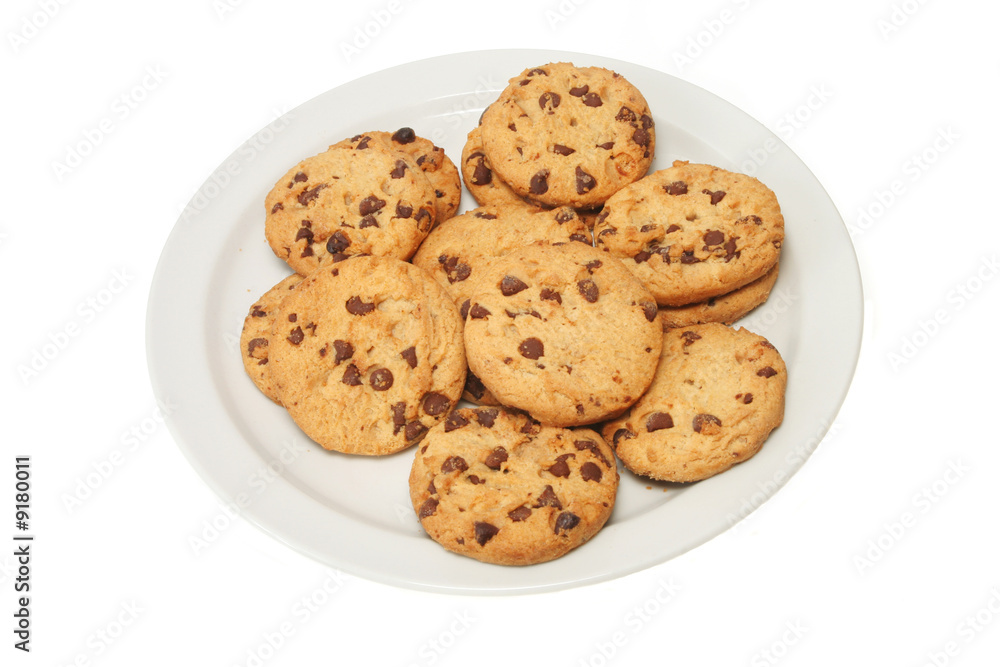 Chocolate chip cookies on a white plate Chocolate chip cookies on a white plate