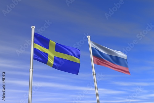 Sweden and rossia flag in the wind photo