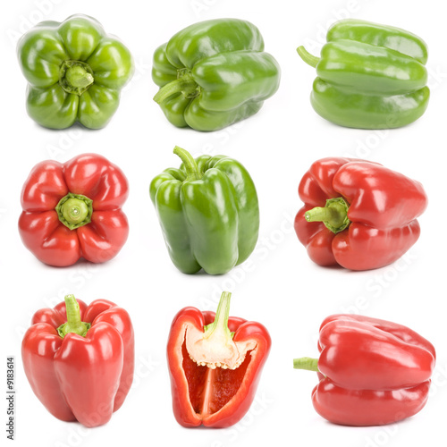 Peppers red and green isolated on white, different viewpoints.
