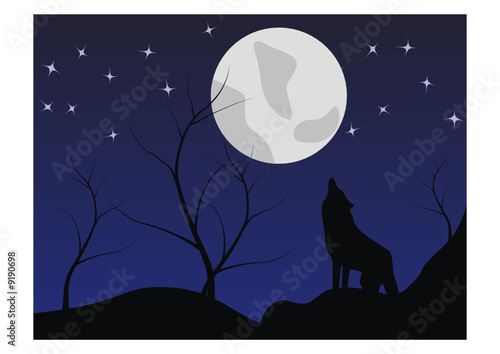 The silhouette of a wolf howls on the moon
