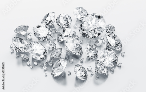 3d rendering diamonds on a white reflective floor
