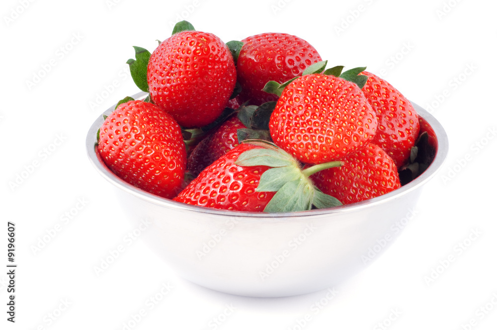 Stainless steel bowl with fresh red strawberries. Stainless steel bowl with fresh red strawberries.