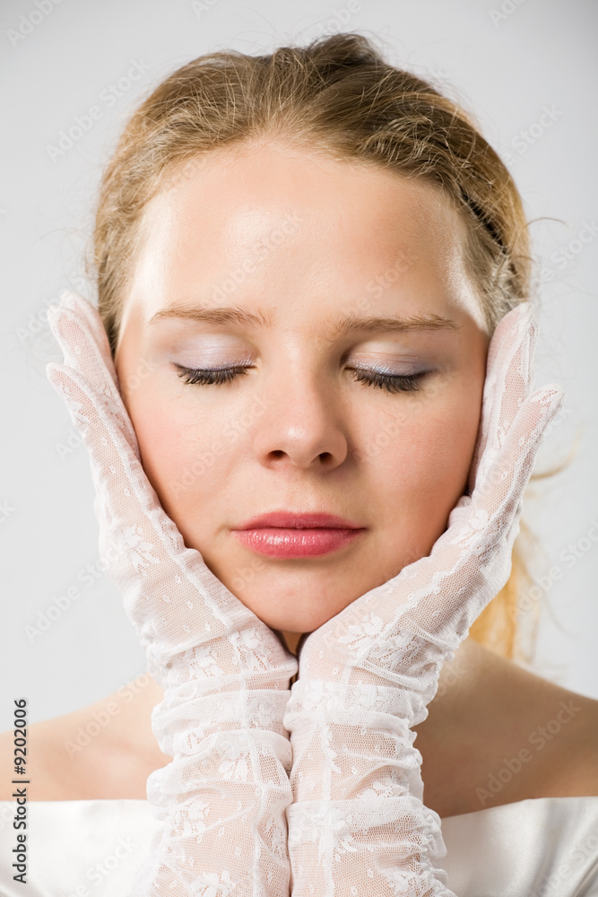 young woman in white gloves close-up portrait young woman in white gloves close-up portrait