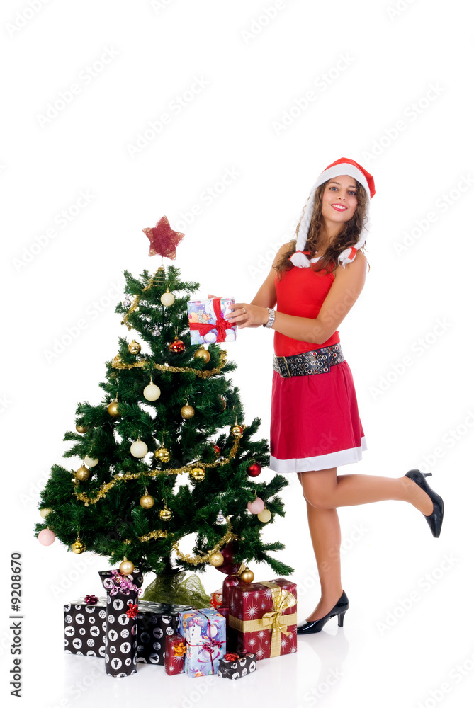 Christmas, happy woman in Xmas outfit with presents, Christmas, happy woman in Xmas outfit with presents,