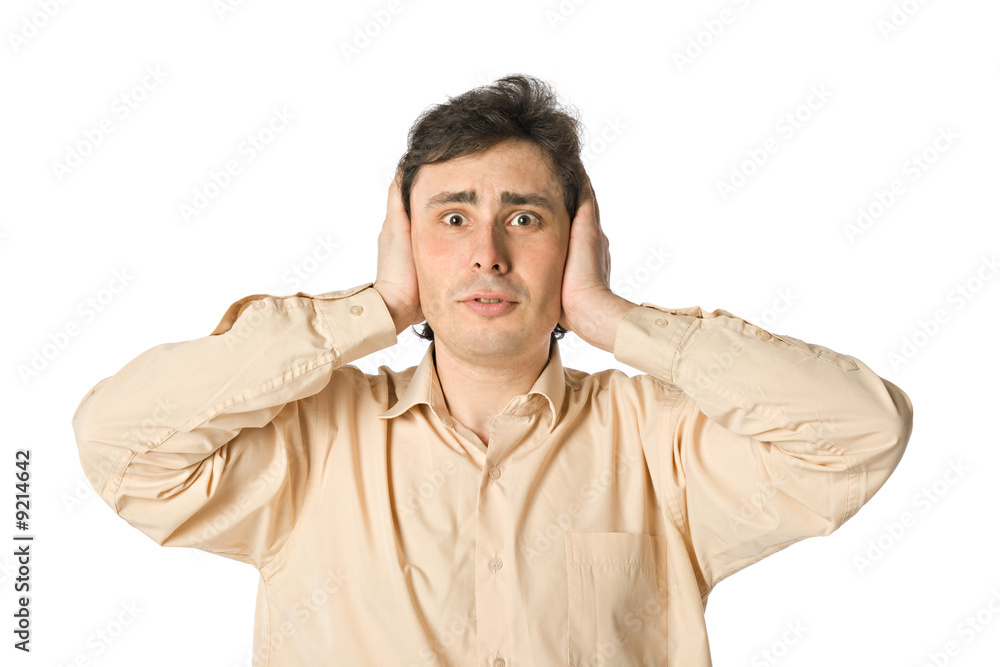 A man with frightened face, over white