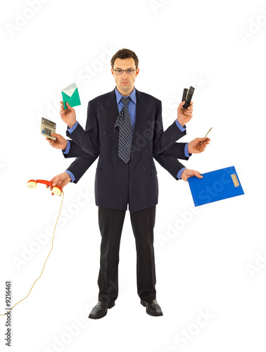 Businessman or office employee doing too much work - isolated