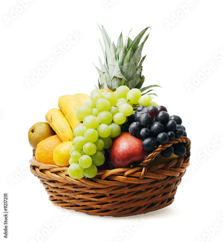 Fruit basket with mixed fruit on white background