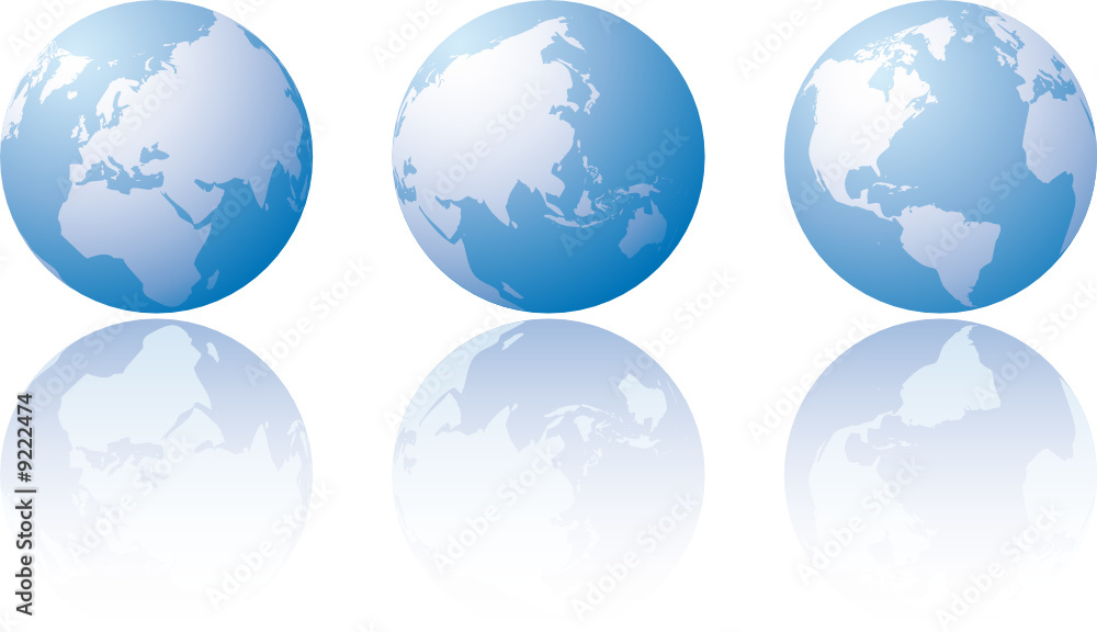 Three globe world views with reflection Three globe world views with reflection