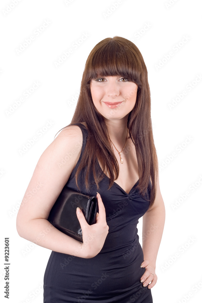 Portrait of the smiling young woman with a handbag