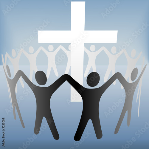 People Circle Hold Up Hands Gather Around a Cross