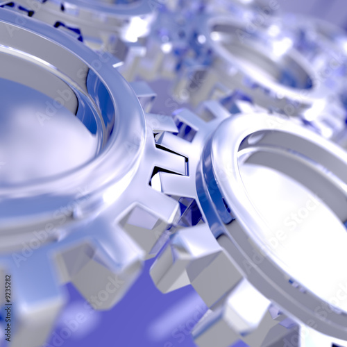 Nice sky reflection on a connected gears. 3D illustration.