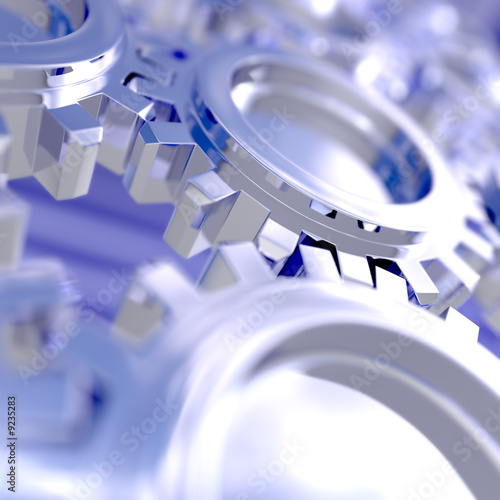 Nice sky reflection on a connected gears. 3D illustration.