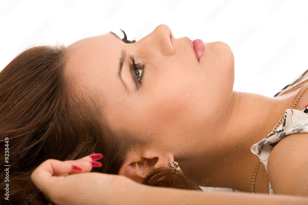 Naklejka premium close-up portrait of pretty woman on a white background