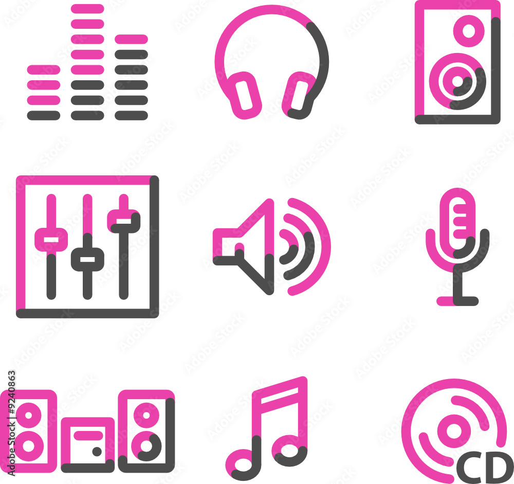 Sound web icons, pink contour series Sound web icons, pink contour series