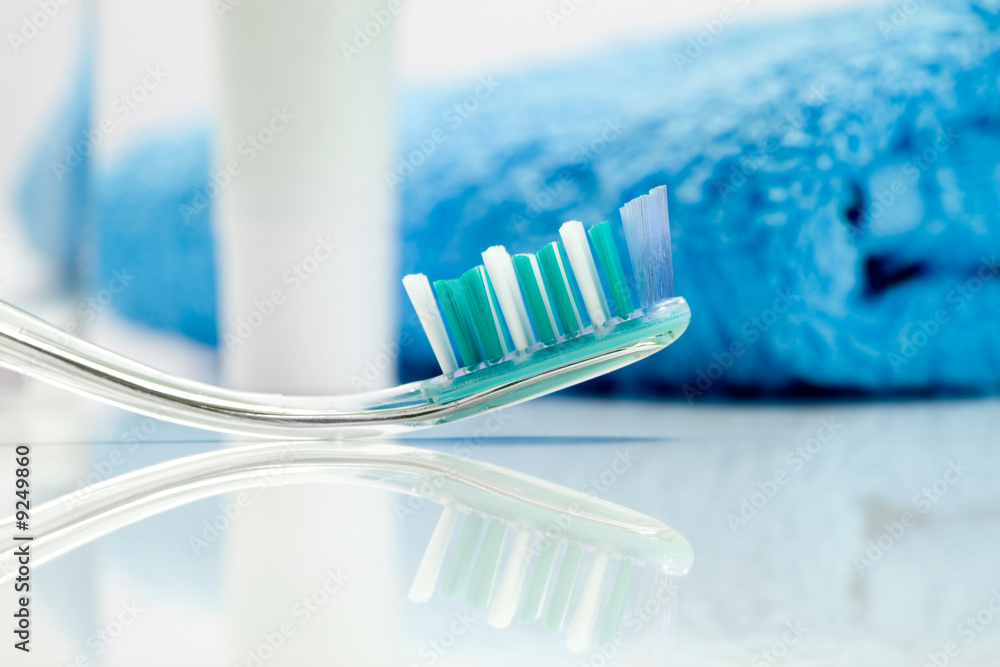 Dental care equipment on white table Dental care equipment on white table