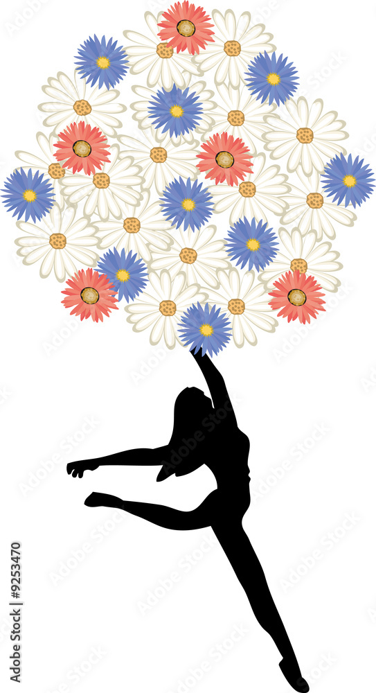 Silhouette Ballerina dancing with a bouquet of spring flowers
