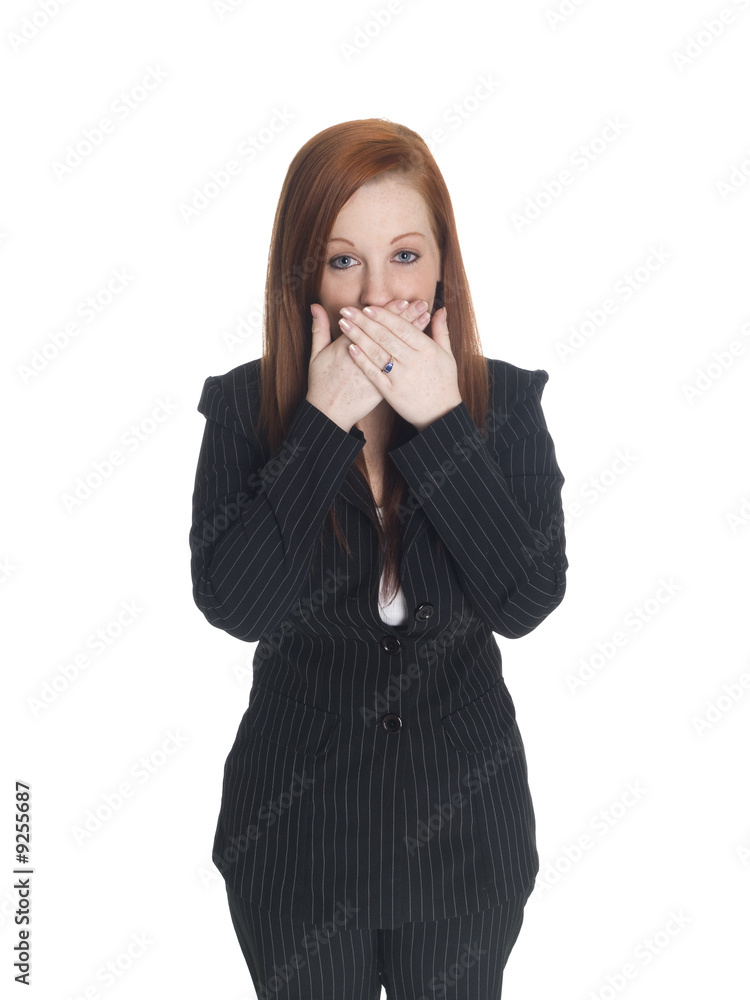businesswoman in the Speak No Evil pose. businesswoman in the Speak No Evil pose.