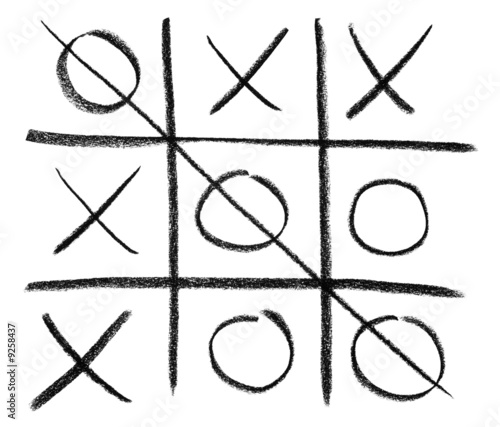 Hand-drawn tic-tac-toe game, isolated on white.