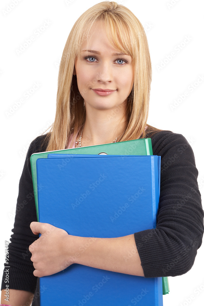 Beautiful blonde businesswoman holding some files. Isolated Beautiful blonde businesswoman holding some files. Isolated