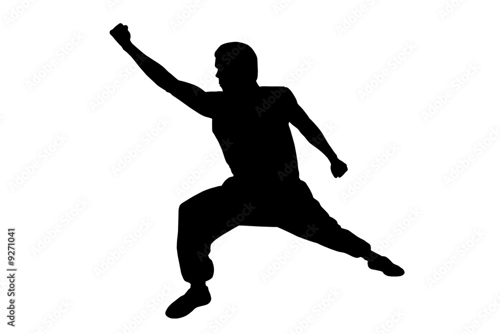 Black silhouette of  karate man boxing high