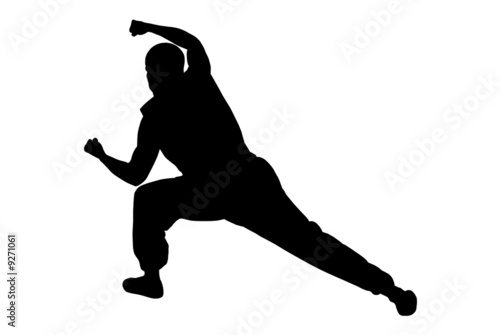 Black silhouette of karate man boxing high