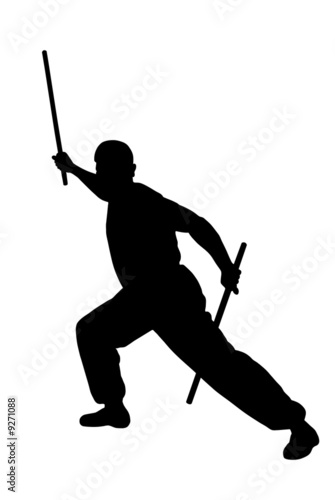 Black silhouette of  karate man prepared for fight