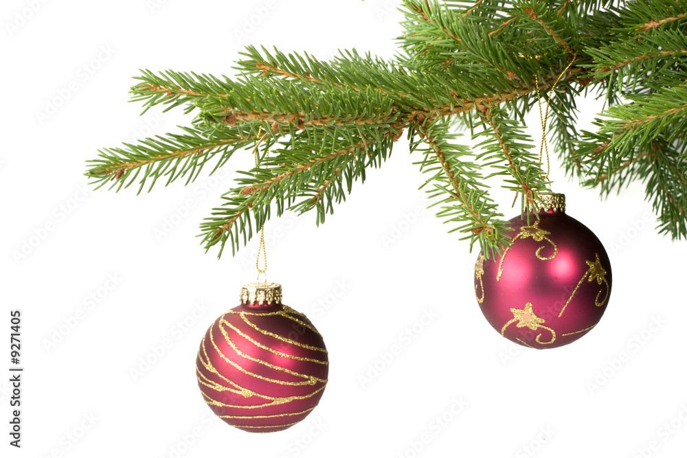 Fir tree branch with balls. Christmas decoration.