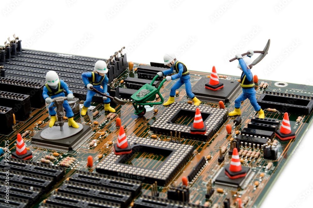 Obraz premium construction site - little workers repairing motherboard