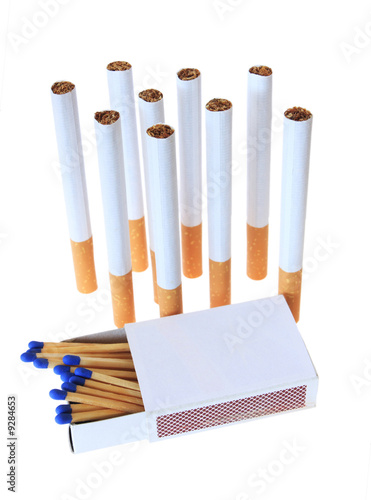 Cigarettes standing upright with matchbox isolated on white