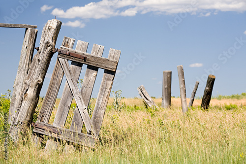 old broken fence door hangs crooked on a post