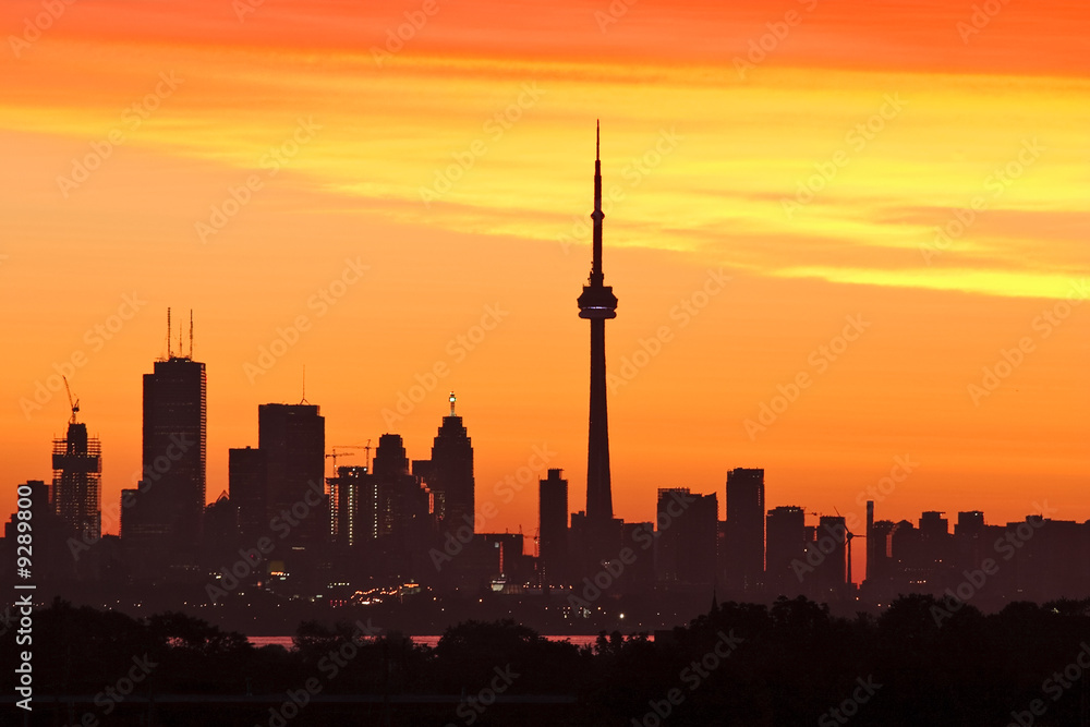 Toronto's skyline lit by sun raising behind the buildings