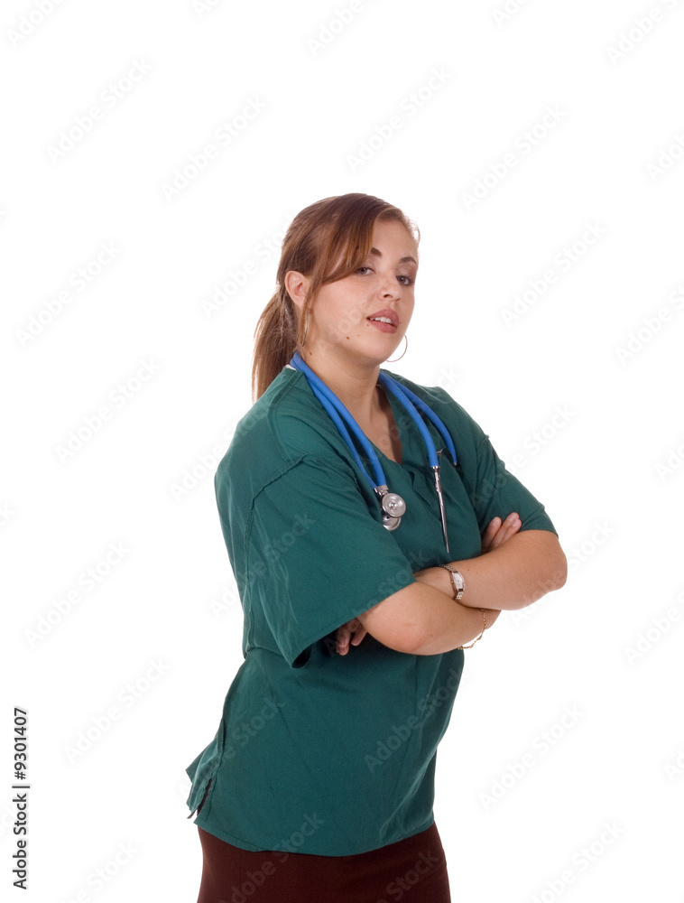 pretty hispanic doctor looking over shoulder isolated on white pretty hispanic doctor looking over shoulder isolated on white