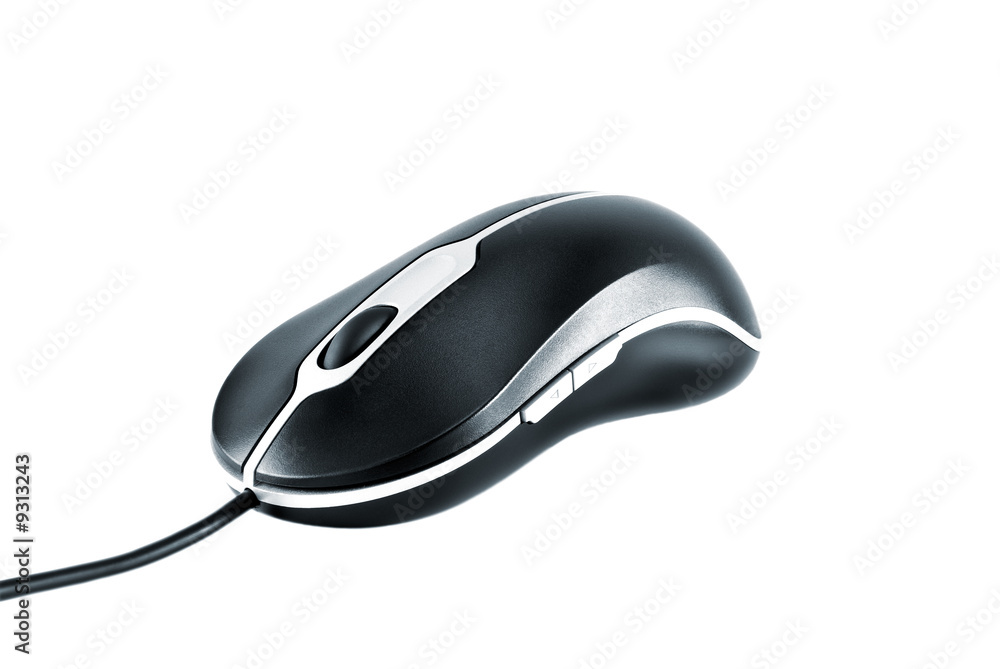 The black computer mouse is photographed on a white background. The black computer mouse is photographed on a white background.