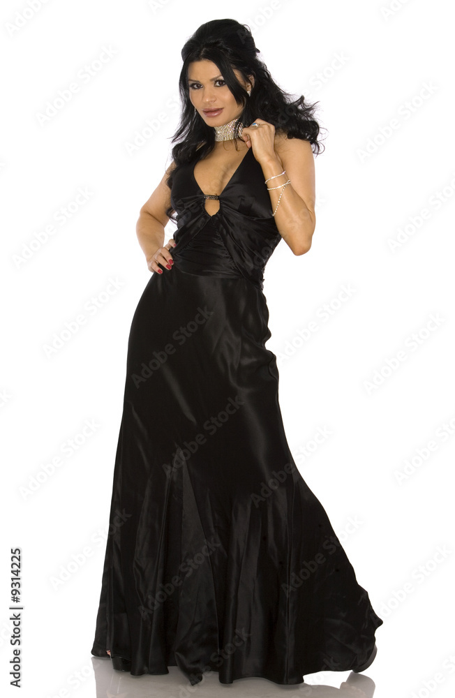 pretty woman wearing black dress on white background