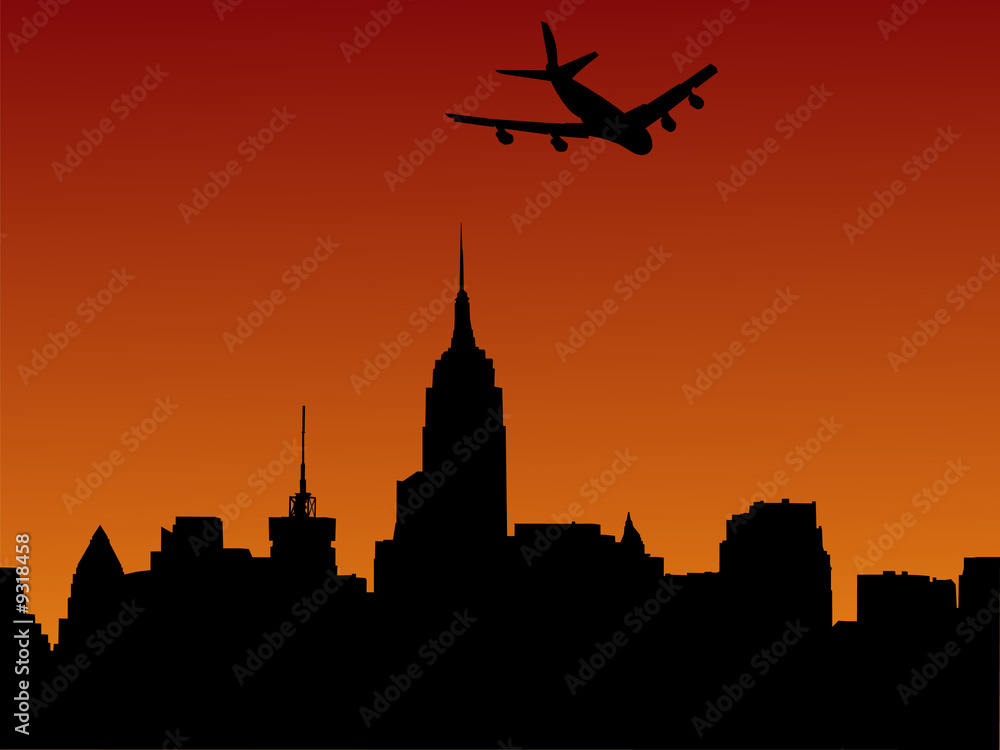 plane arriving in Manhattan at sunset illustration