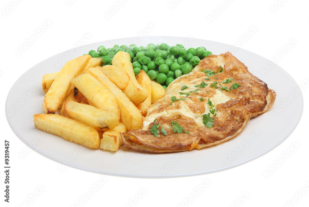 Cheese omelet with chips and peas