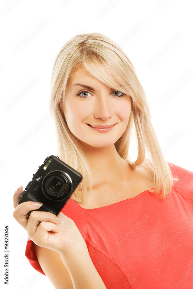 Beautiful smiling woman with digital camera Beautiful smiling woman with digital camera