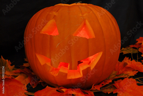 Carved pumpkin on bed of autumn leaves