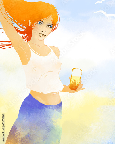 Red-haired woman holding a glass of juce photo