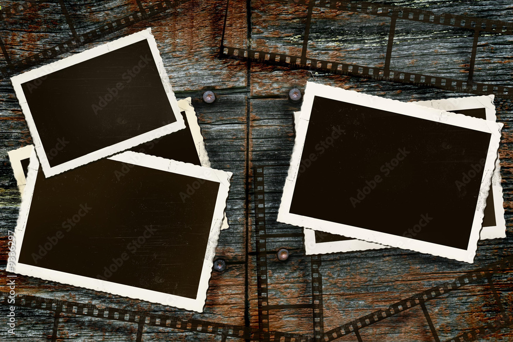 Fototapeta premium Old photos and film on rustic barn wood panel
