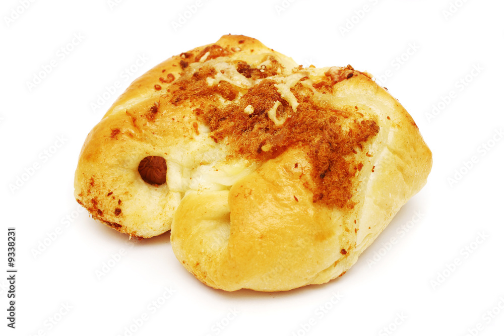 Chicken floss sausage bun isolated on white background. Chicken floss sausage bun isolated on white background.