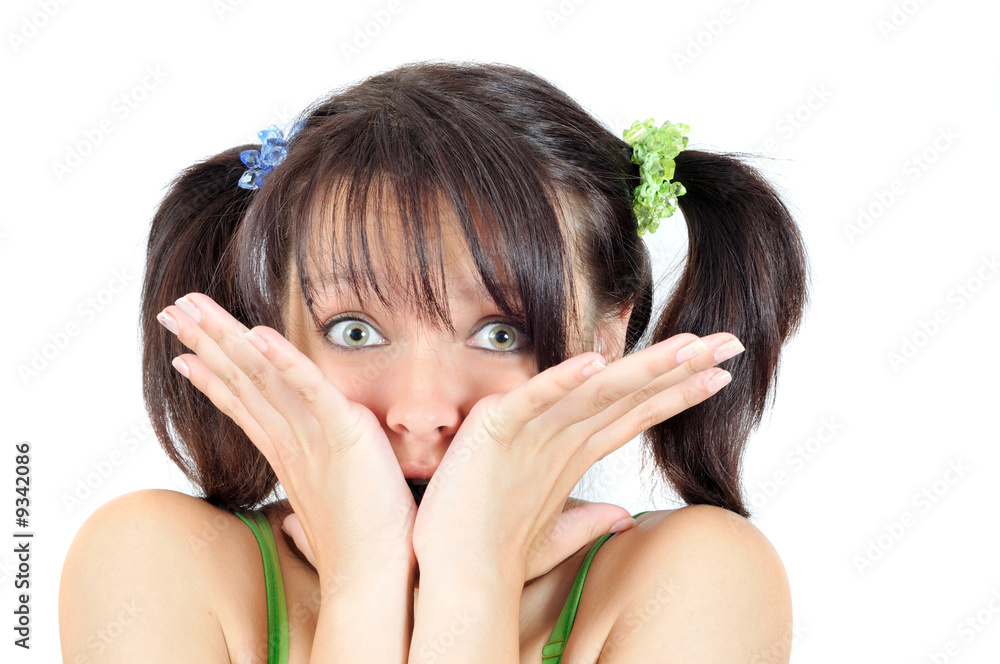 Fototapeta premium Frightened cute girl, isolated on white