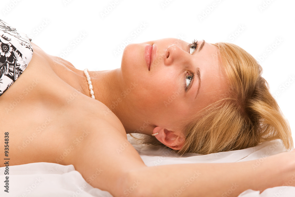 Fototapeta premium close-up portrait of pretty woman on white background