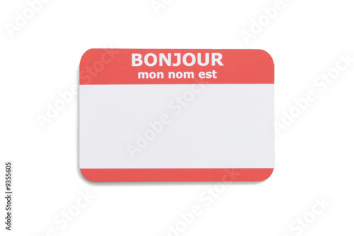 French hello name tag isolated on white background