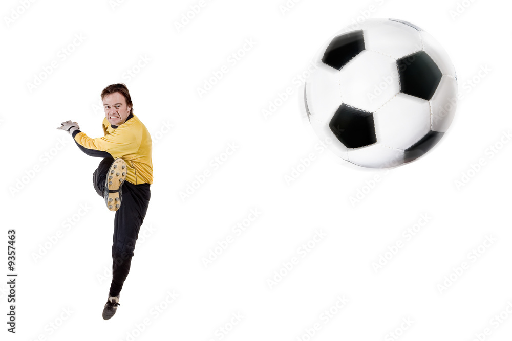Young goalkeeper in action. Full isolated studio picture