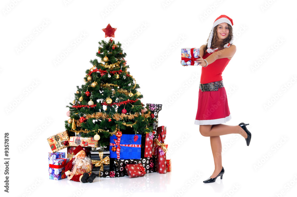 Christmas, happy woman in Xmas outfit with presents, gifts Christmas, happy woman in Xmas outfit with presents, gifts